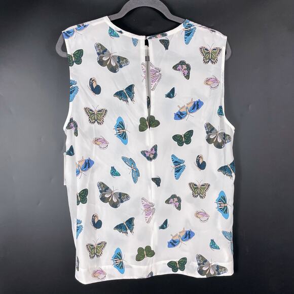 SOLD-Equipment Kyle Butterfly Print Top Sleeveless Blouse White Silk Sz L - Picture 10 of 10